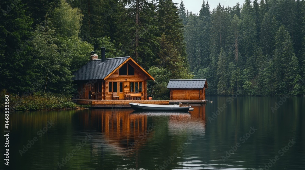 Obraz premium Serene Lakeside Log Cabin Retreat in Lush Green Forest Tranquil Waterfront Getaway