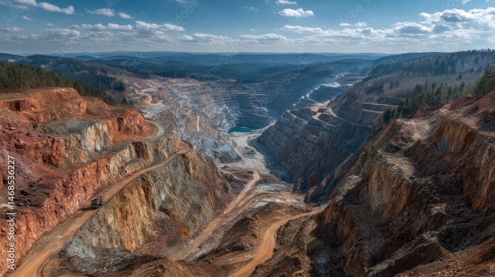 Fototapeta premium Extensive open pit mine excavation industrial resource extraction landscape