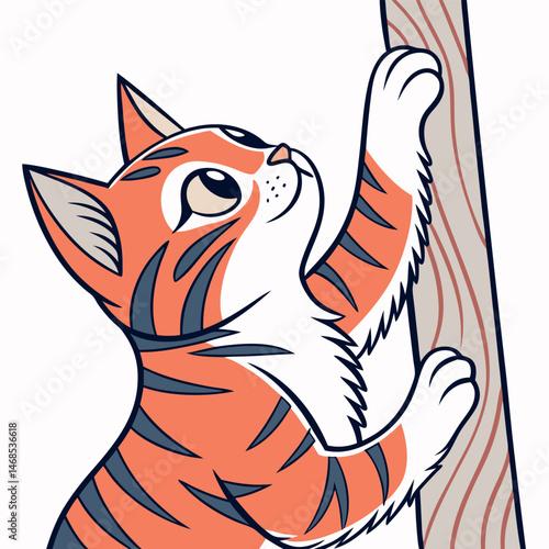 An orange and white cartoon cat with dark stripes scratching a wooden scratching post