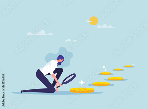 Searching for investment opportunity concept, financial success, inspect way to make profit and earning, curios businessman with magnifier inspect and follow money coins trail