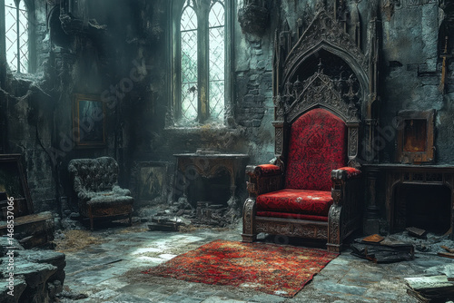 Red chair placed on throne in dark room.