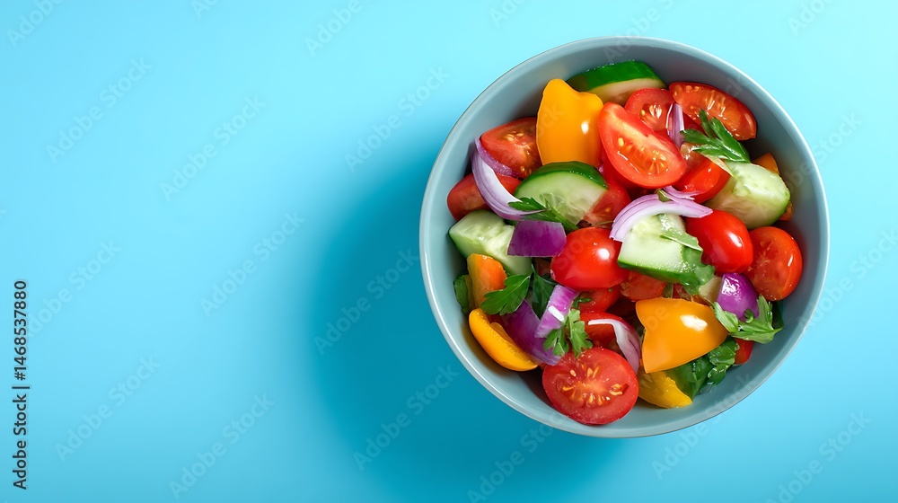 Fresh vegetable salad on blue background with copy space Fresh vegetable salad on blue background with copy space