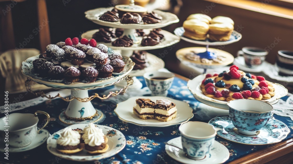 Elegant dessert display on ornate tiered stands. Elegant dessert display on ornate tiered stands.