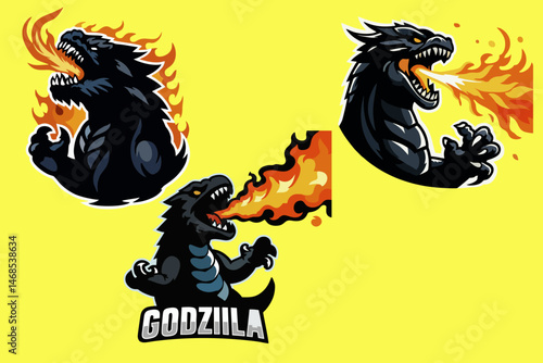 Godzilla mascot gaming logo is spitting fire, suitable for use in gaming company logo designs, cassette covers, banners, posters, game centers, gaming groups, children's toy stores, cellphone softcase
