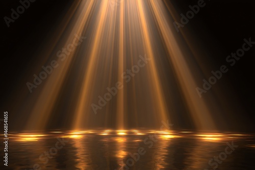 Golden light rays through on podium stage, black background