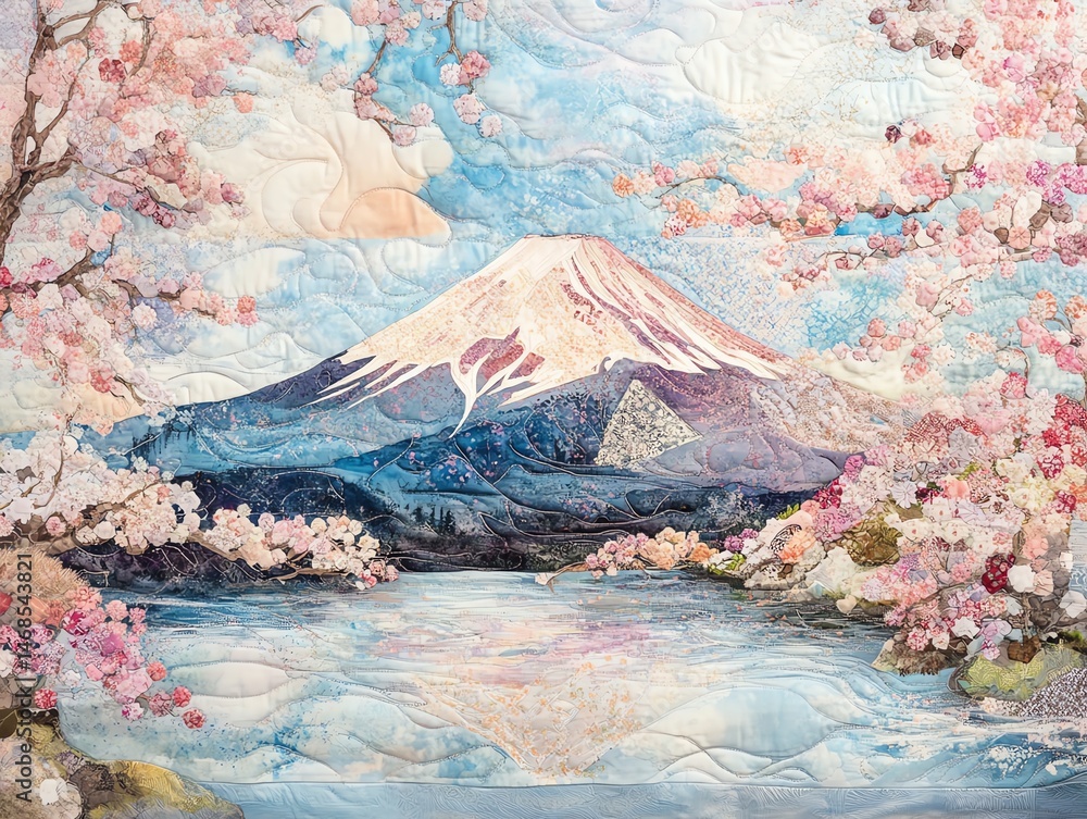Fototapeta premium Quilt art of Mount Fuji surrounded by cherry blossoms intricate fabric textures with pastel colors capturing the serene beauty of the Japanese landscape