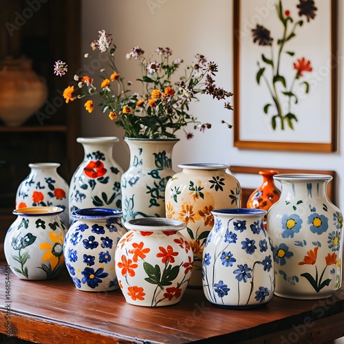 Colorful ceramic vases with floral patterns