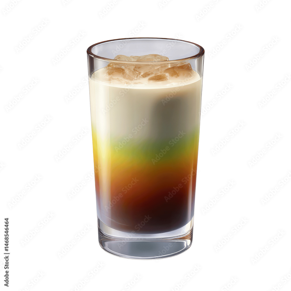 Layered Cocktail in Glass with Ice Cubes - Refreshing Summer Drink Layered Cocktail in Glass with Ice Cubes - Refreshing Summer Drink