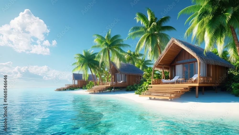 Fototapeta premium Tropical Bungalow Resort on White Sand Beach with Palm Trees