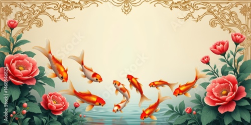 Elegant Koi Fish and Peony Flower Illustration with Golden Frame