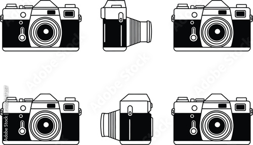 Black and white vector illustration of vintage photographic cameras in various perspectives
