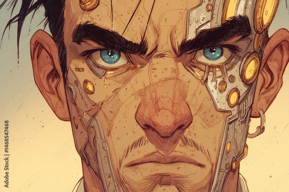 Obraz premium Close-up portrait of a futuristic, determined figure.