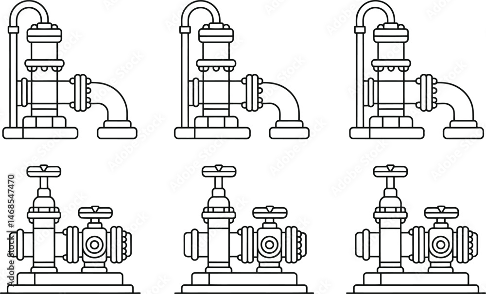 Obraz premium Vector illustration of industrial pipeline system and water valve components on a white background.