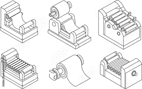 Isometric view of paper roll and printing press machine elements in clean outline style