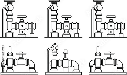 Collection of industrial pipeline and valve system elements illustrated in clean line art style