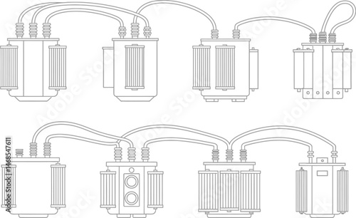 Simplified line drawing depicting electrical transformers and their interconnected wiring configurations