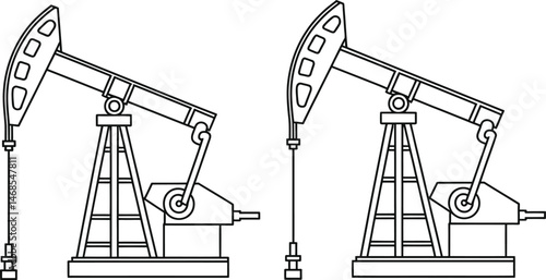 Two detailed outline illustrations of traditional oil derrick pumping rigs in black and white