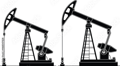 Two black and white illustrations of oil derrick pumps extracting crude oil resources