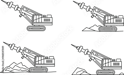 Four black and white vector illustrations of a mining machine with various rock formations