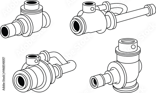 Set of detailed line art illustrations of industrial valves and piping components in various angles