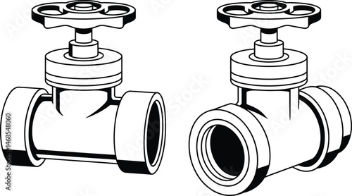Two detailed black and white illustrations of industrial water shut off valves ready to be used