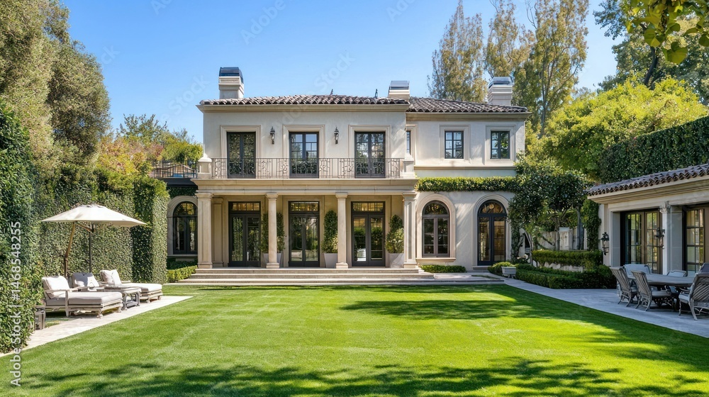 Obraz premium A large luxurious estate with a manicured lawn and garden