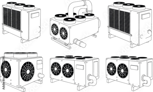 Vector illustration of commercial air conditioner units in various angles and detailed outline style