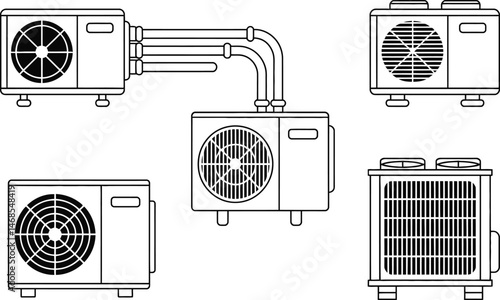 Vector illustration of various air conditioning units perfect for hvac and cooling system designs.