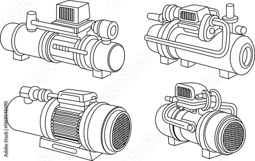 Isometric view line art illustrations of industrial water pumps for mechanical engineering and design