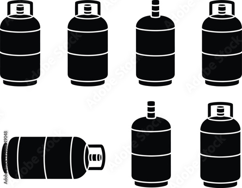 Black and white illustration of different propane gas cylinders in various orientations