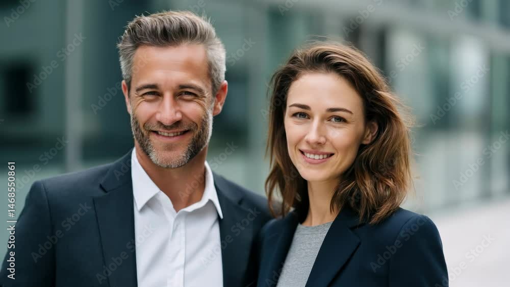 Male and female business couple posing smiling outside of their business office building looking at the camera
Male and female business couple posing smiling outside of their business office building looking at the camera