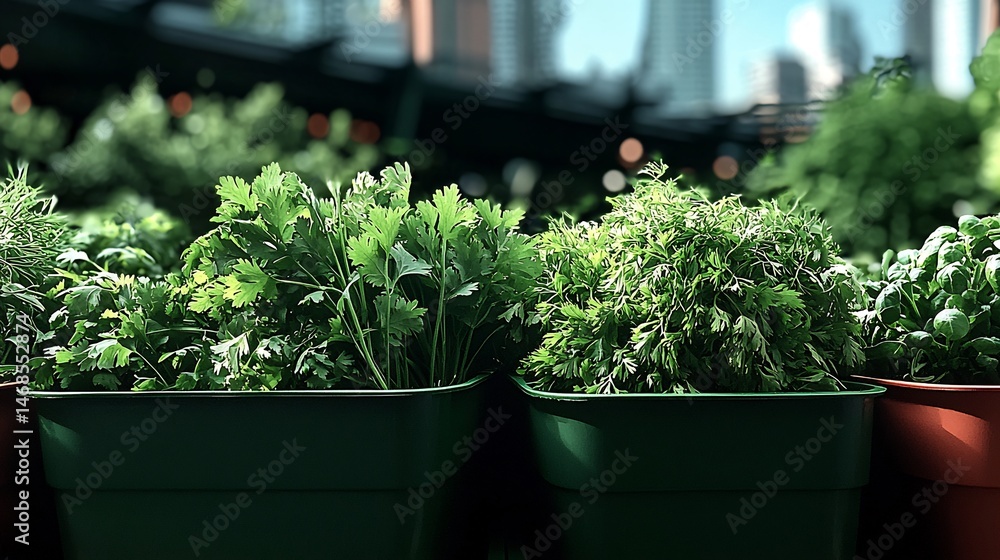 Fototapeta premium Fresh herbs in planters, outdoor market setting