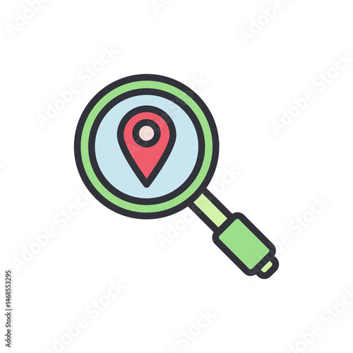 Magnifying glass focuses on a location pin for destination discovery