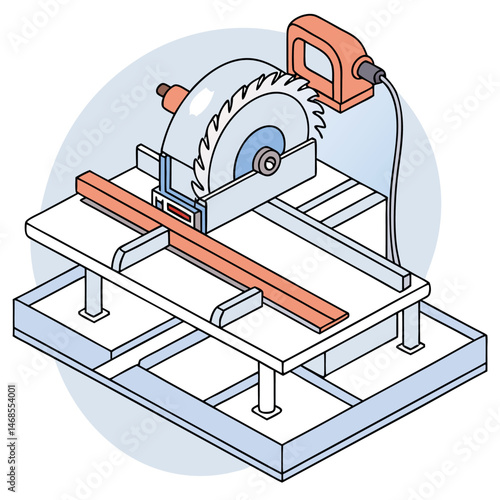 Isometric illustration of a table saw with a piece of wood on the cutting surface