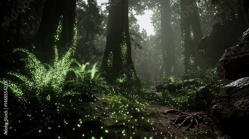 Lush alien forest towering bioluminescent plants and strange creatures lurking in the shadows cinematic otherworldly landscape photo