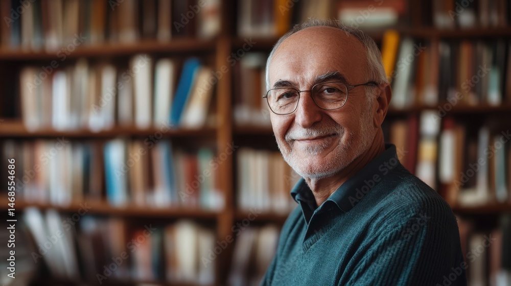 Friendly elderly man smiling in cozy library setting, surrounded by shelves filled with books, showcasing warmth and knowledge in soft lighting atmosphere Friendly elderly man smiling in cozy library setting, surrounded by shelves filled with books, showcasing warmth and knowledge in soft lighting atmosphere