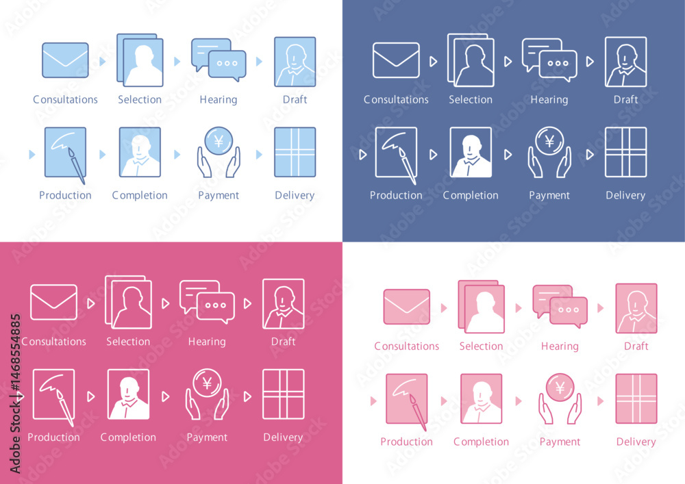 Order Flow Vector Icon Set – Process Timeline, Business Procedure, Simple Flat Design