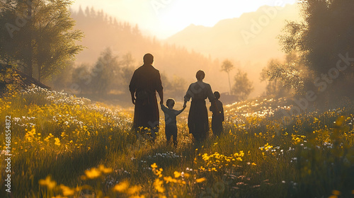Silhouette family walking through a meadow at sunrise.