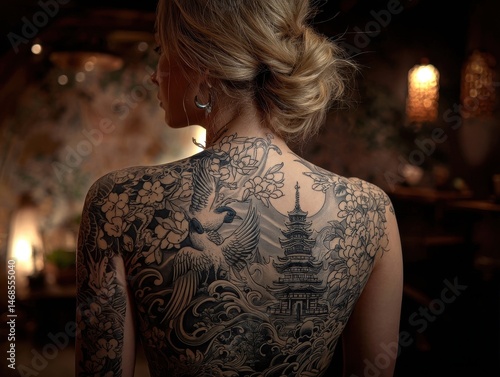 Extensive back tattoo design with asian motifs.