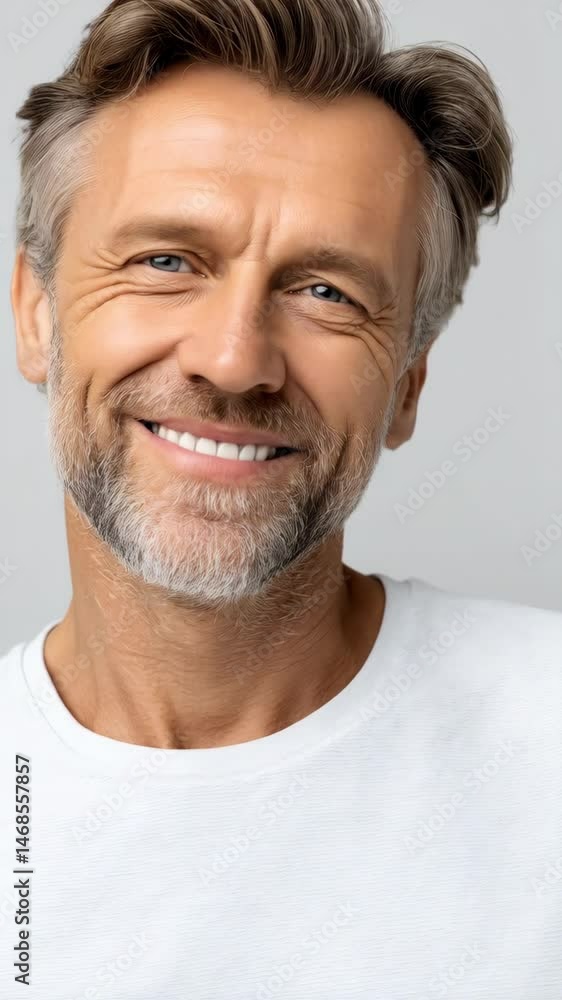 Close-up portrait of a happy mature man with grey hair, beard and blue eyes wearing a white t-shirt in a studio, smiling at the camera. Close-up portrait of a happy mature man with grey hair, beard and blue eyes wearing a white t-shirt in a studio, smiling at the camera.