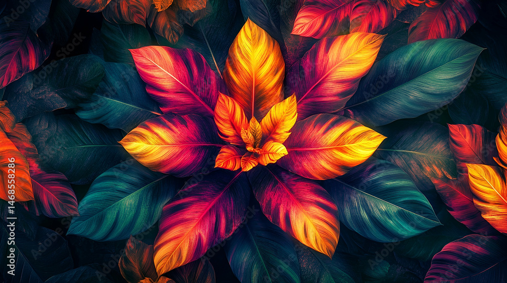 Vibrant tropical foliage pattern in bold colors. Vibrant tropical foliage pattern in bold colors.