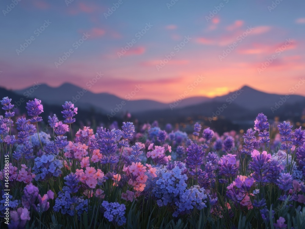 Obraz premium A vibrant field of purple and pink wildflowers with mountains in the background under a colorful sunset sky.