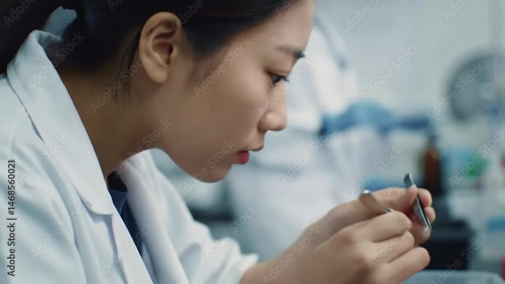 Scientist Carefully Examining Sample with Tweezers Scientist Carefully Examining Sample with Tweezers