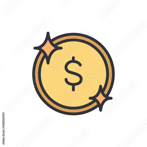Illustrative shiny dollar coin with sparkling effect on a White background