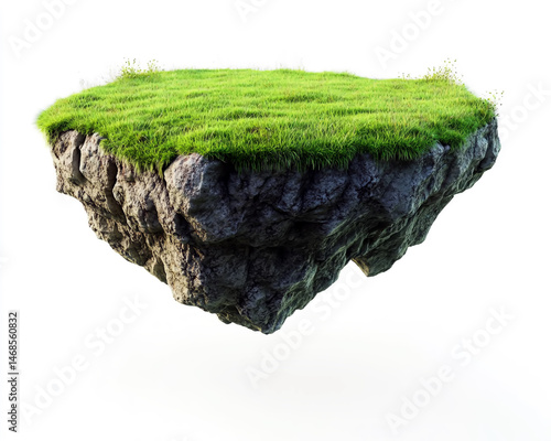 Floating Island Stone Platform with Green Grass on Top, Isolated on White