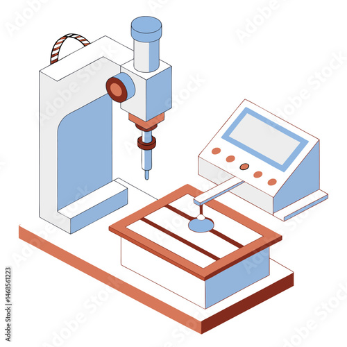 Isometric illustration of an industrial machine with a control panel and a worktable