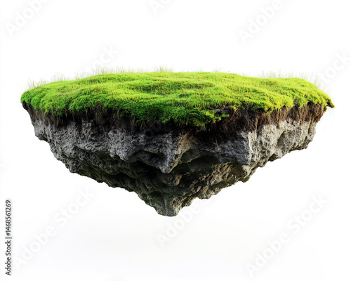 Floating Island with Lush Green Grass Isolated on White Background, Detailed Texture