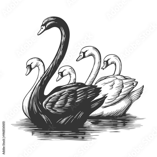 black swan surrounded by white swans, representing an outlier, rarity, or unexpected disruptive force sketch