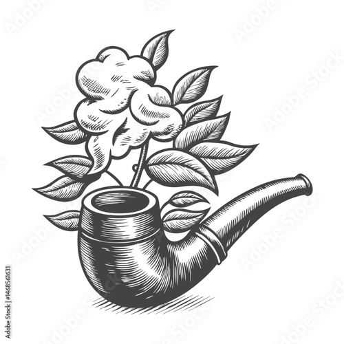 smoking pipe with smoke and leaves, evoking old-world charm and tradition