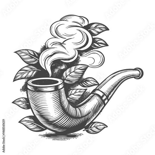 smoking pipe with smoke and leaves, evoking old-world charm and tradition